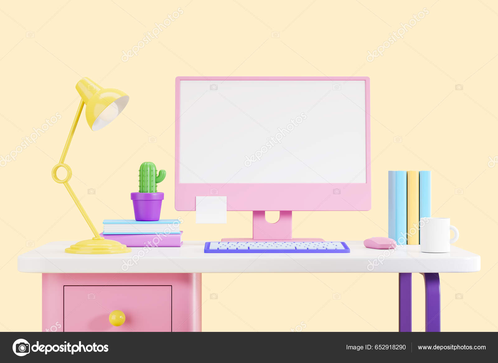 Cartoon Home Office Work Desk Computer Lamp Books Yellow Background Stock  Illustration by ©denisismagilov #652918290, image size:1600x1167