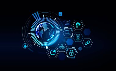 Earth globe with digital connection hologram, data icons. Metaverse and social marketing. Concept of global internet and worldwide network. 3D rendering