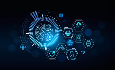 Beyin gövdesi ve ağ simgeleriyle dijital hologram. Yapay zeka ve makine öğrenme kavramı. 3B görüntüleme