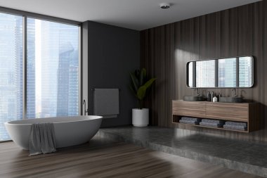 Koyu banyonun iç tarafında küvet, ayna, panoramik pencere, lavabo, şampuanlı raf, gri beton duvarlar, meşe ahşap zemin, musluk, havlu. Su arıtma kavramı. 3d oluşturma