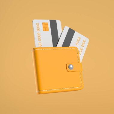 İki kredi kartıyla sarı cüzdan. Bankacılık ve ödeme kavramı. 3B görüntüleme