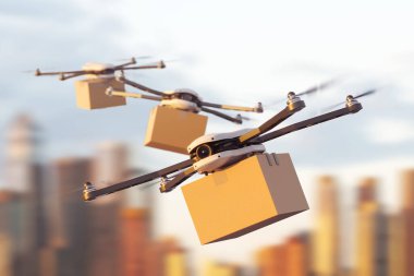 Bulanık şehir arka planında karton kutuyla uçan helikopterler. Uzaktan kumanda ve İHA teslimat servisi kavramı. Fotokopi alanı. 3B görüntüleme