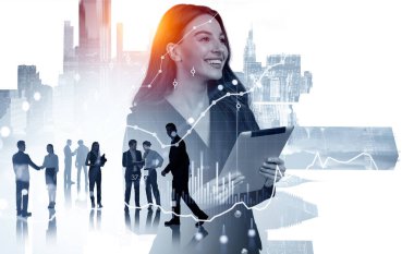 Businesswoman with tablet in hands, happy look. Diverse business people working together. Double exposure with forex diagrams, stock market chart and skyscrapers. Concept of teamwork clipart