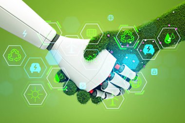 Robot el ve doğa tokalaşması. Çeşitli simgelerle eko hud. Yeşil arka planda ekosistem ve dijital teknoloji. Çevre dostu kavram