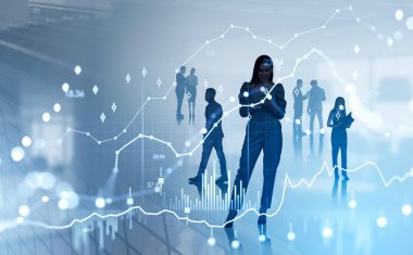 İş adamları siluetleri birlikte çalışıyor, finans şirketinde ağ kuruyorlar. Işıldayan ön x diyagramları, şamdanlı çizelgeler. Analiz kavramı