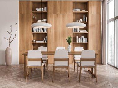 Parlak oturma odasının önü sandalyeli, beyaz duvarlı, panoramik pencereli kitap, vazo, meşe ağacından ahşap döşemeli. Minimalist tasarım kavramı. 3d oluşturma