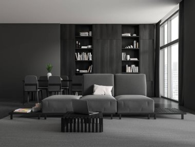 İçinde kanepe ve laptoplu kahve masası olan koyu renk bir oturma odası masa ve gri beton zeminde dekorasyonu olan bir raf. Singapur 'da panoramik pencere. 3B görüntüleme