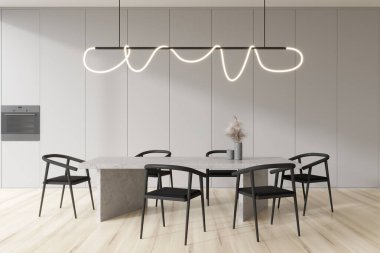 Parlak yemek odasının önü koltuklu yemek masası, beyaz duvar, meşe ağacından zemin, fırın, lamba. Minimalist tasarım kavramı. Yemek için bir yer. 3d oluşturma
