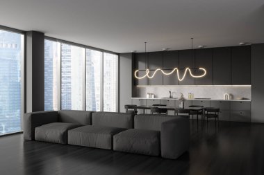 Karanlık stüdyo iç mekanı kanepe ve yemek masası, yan manzara, Singapur şehir manzarası panoramik pencere. Mutfak gereçleri ve gevşeme alanı olan yemek pişirme alanı, siyah ahşap zemin. 3B görüntüleme