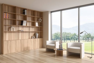 Ahşap oturma odasının içinde iki koltuk, yan görüş sehpası ve ahşap zemin süslemeli rafı var. Kırsal alanda panoramik pencere. 3B görüntüleme