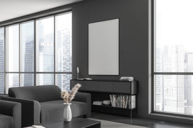 İçi gri yumuşak koltuk ve çekmeceyle kaplı karanlık oturma odası. Sanat dekorasyonu, kitapları, yan görünüşü, siyah fayans zemini. Singapur şehir manzarasında panoramik pencere. Tuvalin posterini hazırla. 3B görüntüleme