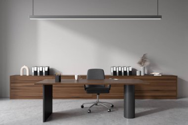 Modern ofis içi koltuk ve çalışma masası, ön görüş, büfe ve gri beton zemin süslemeli belgeler. Model boş duvar. 3B görüntüleme