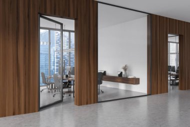 Koltuklar ve bilgisayar ile birlikte çalışan masa, yan görüş, cam kapılar. Ofis odası ve süslemeli büfe. Singapur şehir manzarasında panoramik pencere. 3B görüntüleme