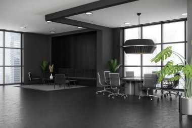Karanlık ofis içi kanepe ve koltuk, sehpa, yan görüş, yuvarlak masa, koyu beton zemin. Singapur şehir manzarasında panoramik pencere. 3B görüntüleme
