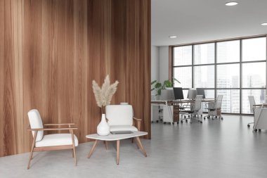 Beyaz iç mekan, gevşeme alanı ve koltuklar, yan görüş, masada bilgisayar, aydınlık beton zemin. Singapur şehir manzarasında panoramik pencere. Boşluk boş tahta duvarı kopyala. 3B görüntüleme