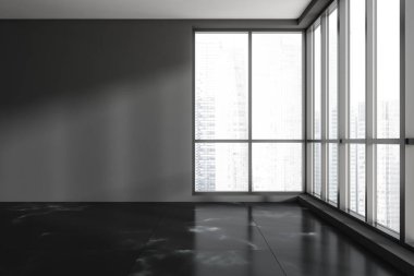 Singapur manzarası panoramik pencereli karanlık boş ofis odası. Siyah mermer döşeme. Model boş duvar. 3B görüntüleme