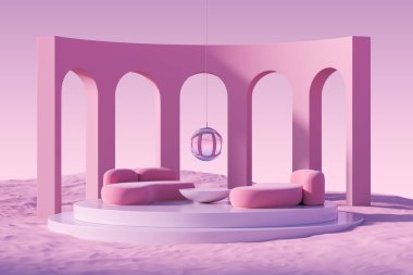Kanepesi ve beyaz podyumunda kahve masası olan soyut bir dış görünüş, çöl manzarasında pembe büyük bir kemer. Rahatlama ve rahatlama kavramı. 3B görüntüleme