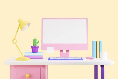 Çizgi film ev ofisi, bilgisayarlı çalışma masası, kitapları sarı arka planda olan lamba. Serbest çalışma kavramı. Uzay ekranını kopyala. 3B görüntüleme