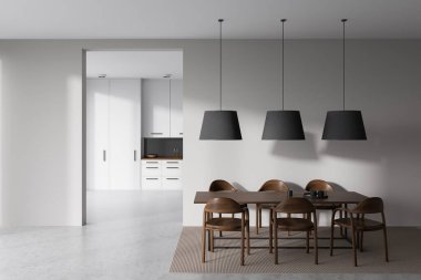 Parlak mutfak odasının önü yemek masası, dolap, altı koltuk, beyaz duvar, beton zemin, halı, lamba. Minimalist tasarım kavramı. 3d oluşturma