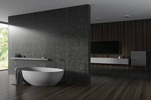 角落景观黑暗浴室内部与浴缸 全景窗 架子与洗发水 灰色混凝土墙 橡木地板 水龙头 水处理的概念 3D渲染 — 图库照片