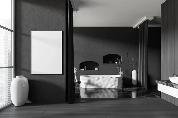Interior Banheiro Escuro Com Banheira Acessórios Banho Decoração Estúdio Hotel — Fotografia de Stock