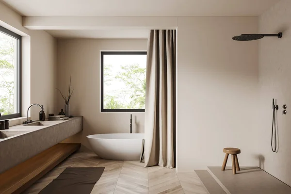米色浴室内饰有浴缸和淋浴 在热带地区的全景窗户附近下沉 阳台上的窗帘和凳子 硬木地板 3D渲染 — 图库照片