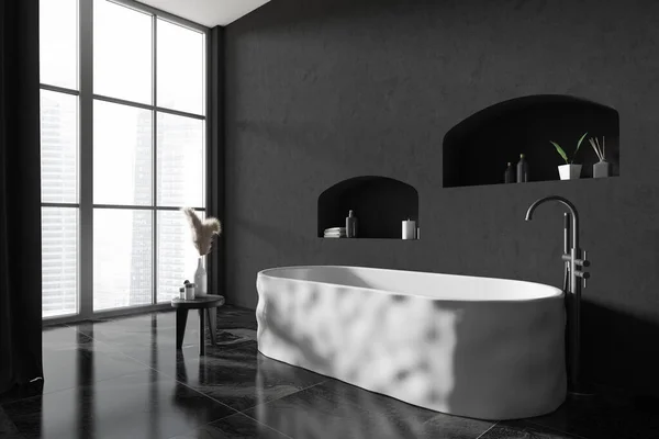 Dark Bathroom Interior Bathtub Side View Bath Accessories Black Tile — Stock Photo, Image