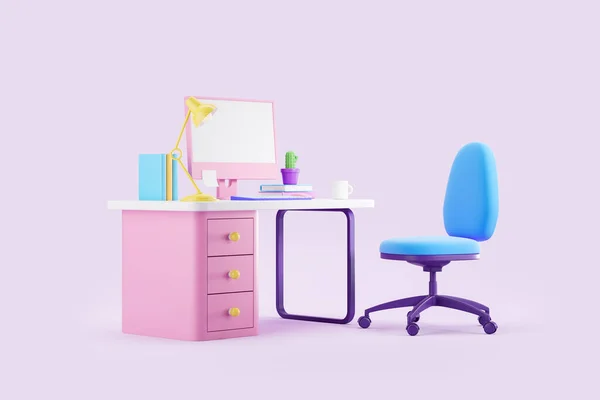 Cartoon workspace with armchair and work desk, side view, pc computer on purple background. Concept of home office. Mockup copy space screen. 3D rendering