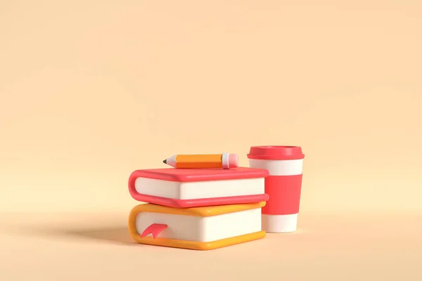Two books with pencil and coffee cup on light yellow background. Concept of education and break. Copy space. 3D rendering