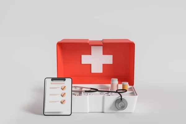 Kit Pronto Soccorso Rosso Con Pillole Stetoscopio Fondo Grigio Chiaro — Foto Stock