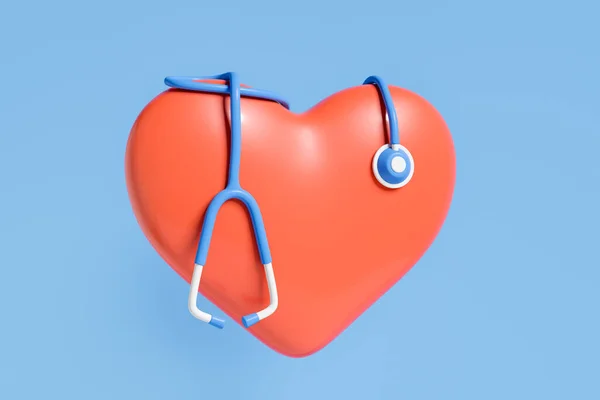 Büyük Kırmızı Kalp Mavi Steteskop Tıp Sağlık Hizmetleri Kavramı Görüntüleme — Stok fotoğraf