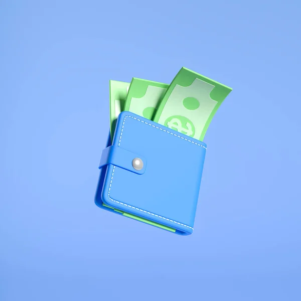 Kék Pénztárca Egy Halom Zöld Dollár Fogalom Pénz Jövedelem Megtakarítások — Stock Fotó