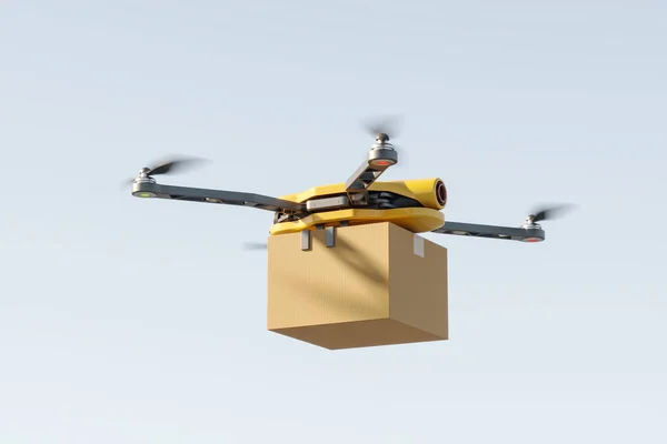 Robot Drones Inteligente Amarillo Volando Con Caja Paquetes Cielo Moderno — Foto de Stock