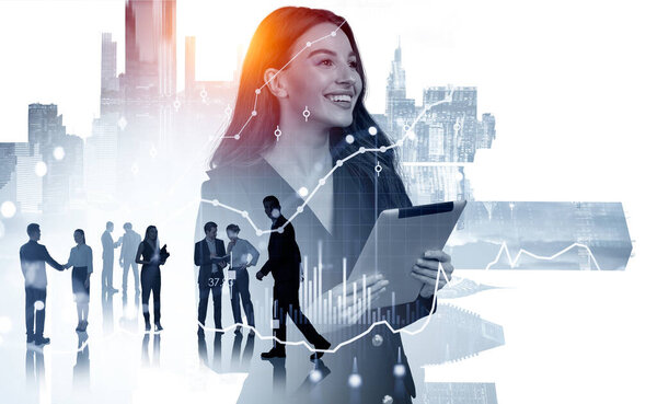 Businesswoman with tablet in hands, happy look. Diverse business people working together. Double exposure with forex diagrams, stock market chart and skyscrapers. Concept of teamwork