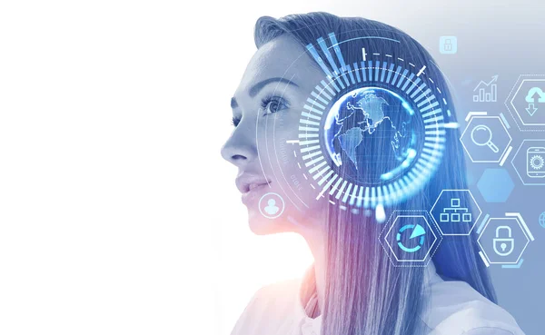 Businesswoman profile with earth globe and digital connection hologram, data icons. Metaverse and social marketing. Concept of global internet and worldwide network