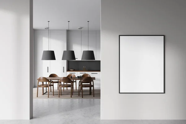 Vista Frontal Sobre Interior Sala Cozinha Brilhante Com Cartaz Branco — Fotografia de Stock
