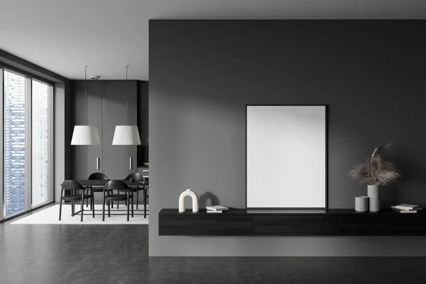 在黑暗的厨房室内的前面 有空白的白色海报 全景窗 扶手椅 灰色的墙壁 水泥地面 简约设计的概念 把它弄坏了3D渲染 — 图库照片