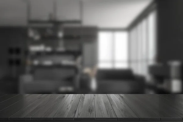 Μαύρο Ξύλινο Τραπέζι Θολή Φόντο Σκούρο Εσωτερικό Κουζίνα Χώρο Χαλάρωσης — Φωτογραφία Αρχείου