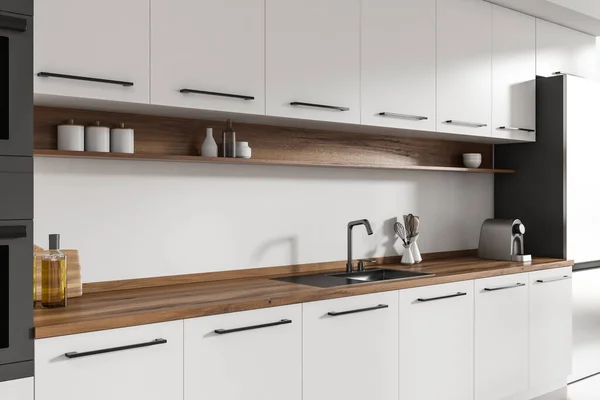 White Kitchen Interior Sink Fridge Modern Kitchenware Deck Shelf Cooking — Stock Photo, Image