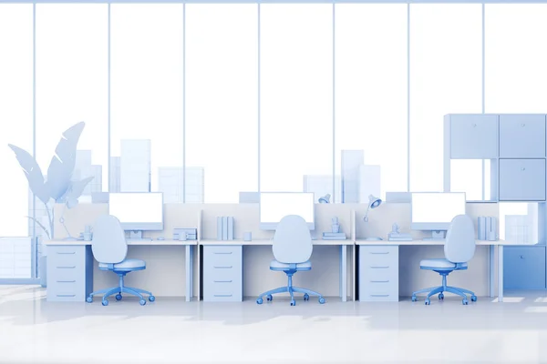 Cartoon Coworking Interior Armchairs Computer Desk White Floor Open Space — Stock Photo, Image