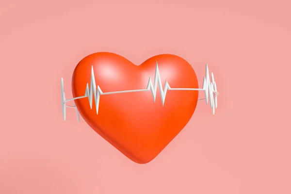 Large Red Heart Heartbeat Pulse Lines Pink Background Concept Health — Stock Photo, Image