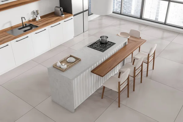 バースツール 食器棚 白い壁 コンクリート床 パノラマウィンドウ コーヒーマシンと明るいキッチンルームのインテリアでトップビュー ミニマルデザインのコンセプト 3Dレンダリング — ストック写真