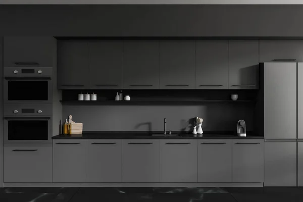 Front View Dark Kitchen Room Interior Cupboard Grey Wall Concrete — Stock Photo, Image