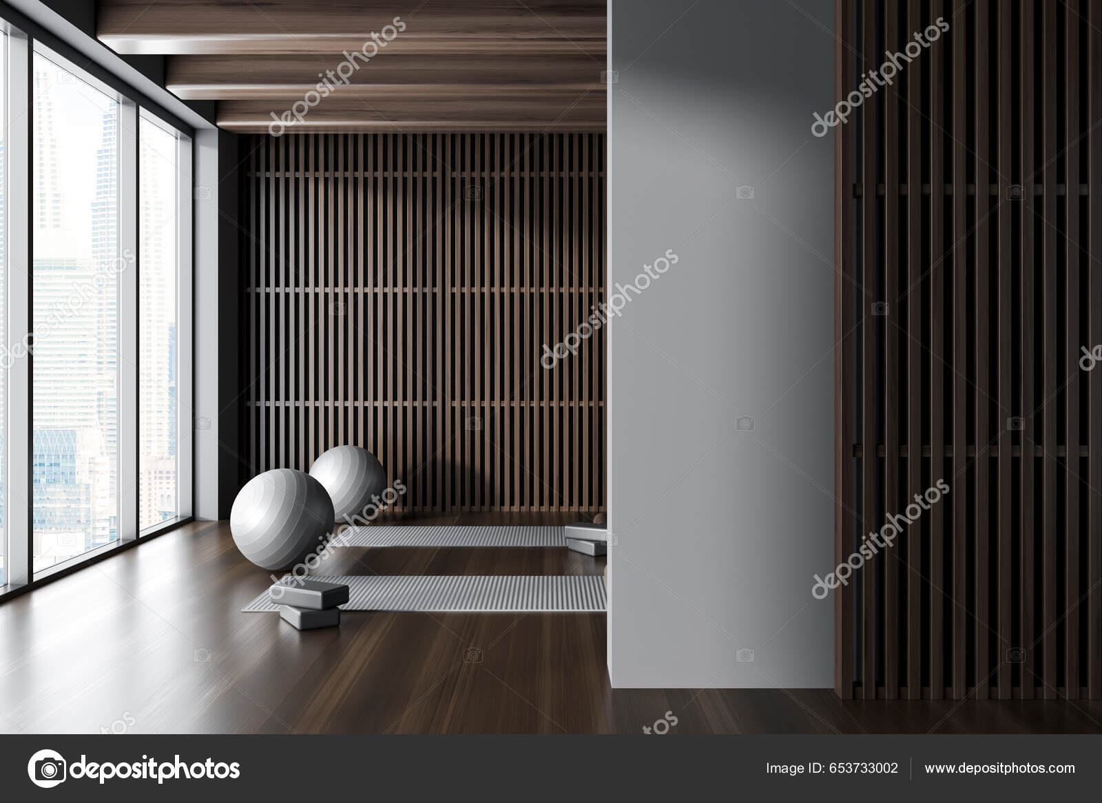 Interior Modern Yoga Studio Gray Dark Wooden Walls Dark Wooden Stock Photo  by ©denisismagilov 653733002