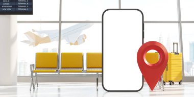 Uçan uçakla havaalanı manzarası, boş ekran ve jeotag ile akıllı telefon. İnternetten bilet sipariş edip seyahat etme fikri. 3d oluşturma