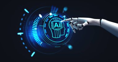 Robot parmak yapay zekanın baş hologramına dokunuyor, fütüristik teknoloji ve dijital iletişim. Makine öğrenme, yapay zeka ve yenilik kavramı. 3B resimleme
