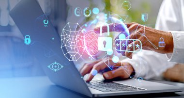 İş adamı parmak izi almak için parmak izine dokunur. Laptop bilgisayarı ve biyometrik doğrulama ve yüz tanıma, şifreli asma kilit. Doğrulama ve kimlik kavramı