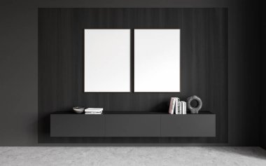 Karanlık oturma odasının içinde yüzen büfe, sanat dekorasyonu ve ev kütüphanesi var. Sıcak İskandinav tasarımı ve gri beton zemin. Sıraya dizilmiş iki tane tuval posteri. 3B görüntüleme