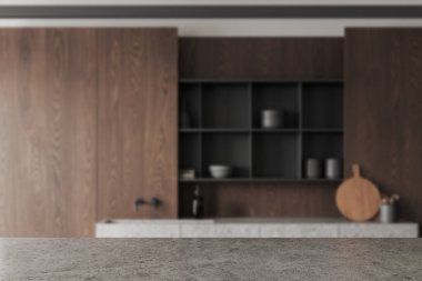 Ahşap mutfak içinin bulanık arka planında taş tezgah, raflı lavabo ve mutfak gereçleri. Ürün gösterimi için kopyalama alanı oluşturun. 3B görüntüleme