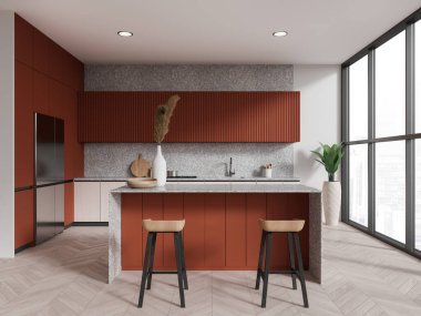 Portakallı ev mutfağı, bar adası, iki tabure ve mutfak gereçleri. Gökdelenlerde panoramik penceresi olan modern yemek ve yemek alanı. 3B görüntüleme